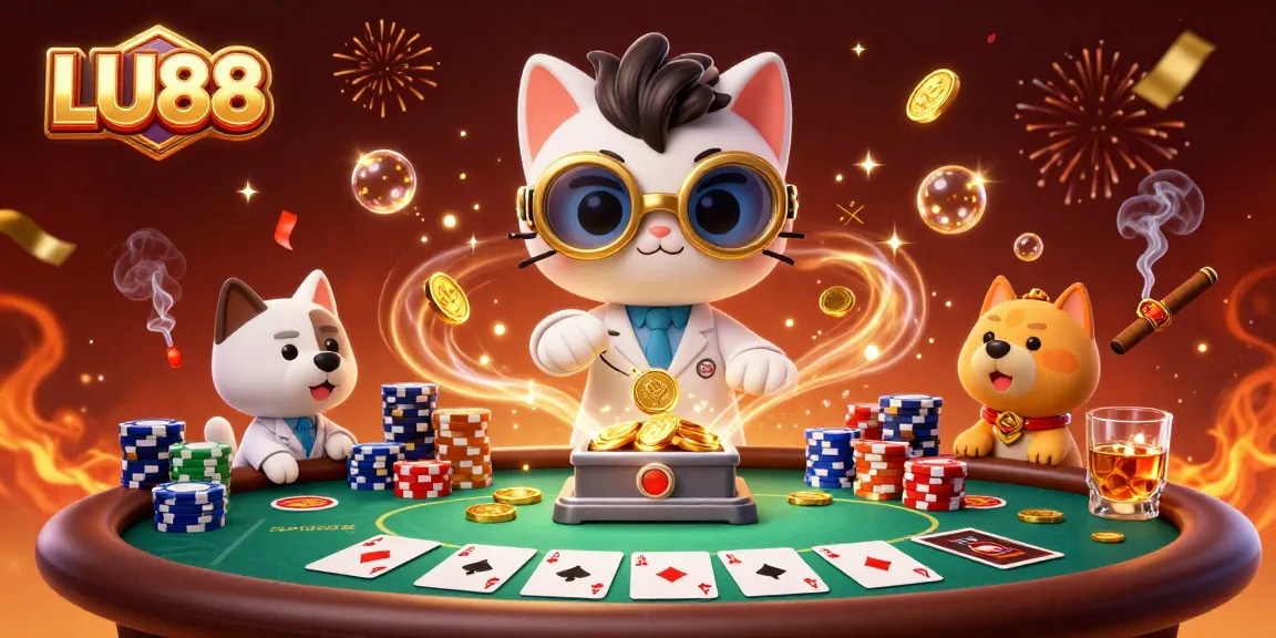 LU88 betting scene with cartoon mad scientist cat and assistant creating gold coins at a poker table.