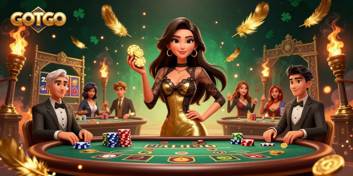 Berinteraksi dengan GOTOTO dalam adegan baccarat yang menakjubkan menampilkan permainan taruhan tinggi dengan chip emas.