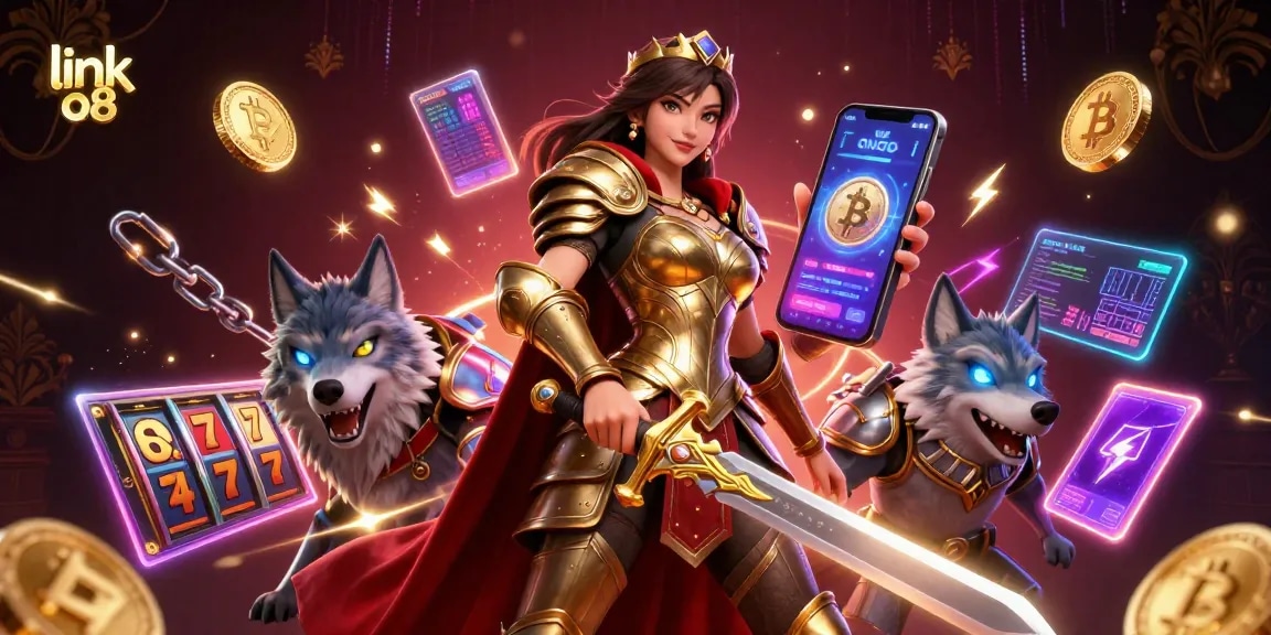 Experience the thrill of gaming at link o8 with a warrior queen and mystical elements in a rich casino backdrop.