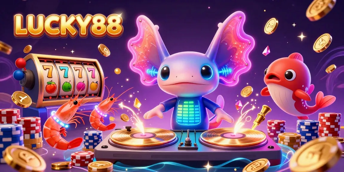 Engage with LUCKY88's vibrant slot reels amidst festive underwater casino scene.