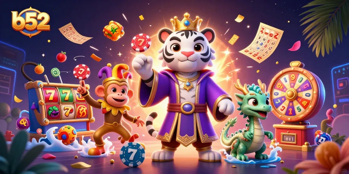 Bets on b52 platform with engaging characters featuring vibrant slot reels and festive gaming elements.