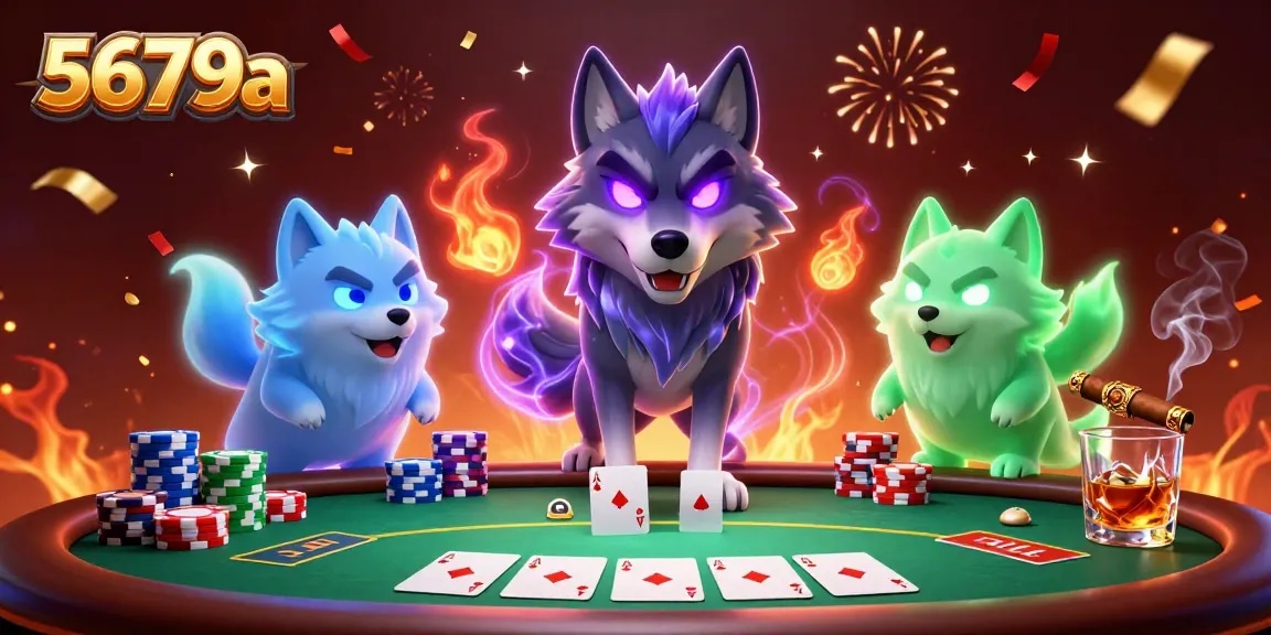Engage with 5679a's thrilling poker scene featuring ghostly wolves, poker chips, and vibrant celebrations.
