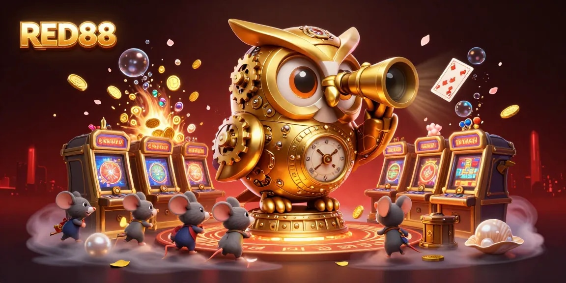 Engage with the captivating RED88 casino experience featuring a dynamic owl and mice amid gold treasures.