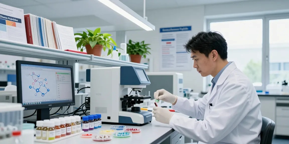 Analysis of SwissChems Peptide samples in a modern research lab with scientists.