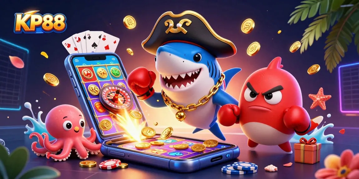 Experience thrilling gambling at KP88 with a dynamic casino scene featuring vibrant characters and rich gameplay elements.