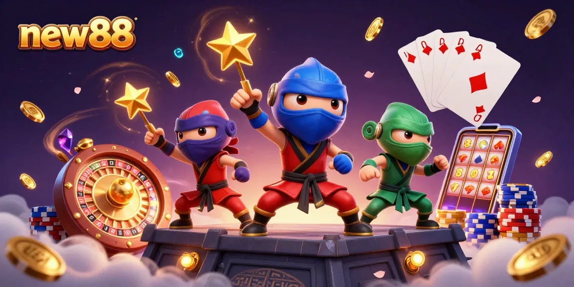 Experience the excitement of new88 with a vibrant casino scene featuring martial arts ninjas.