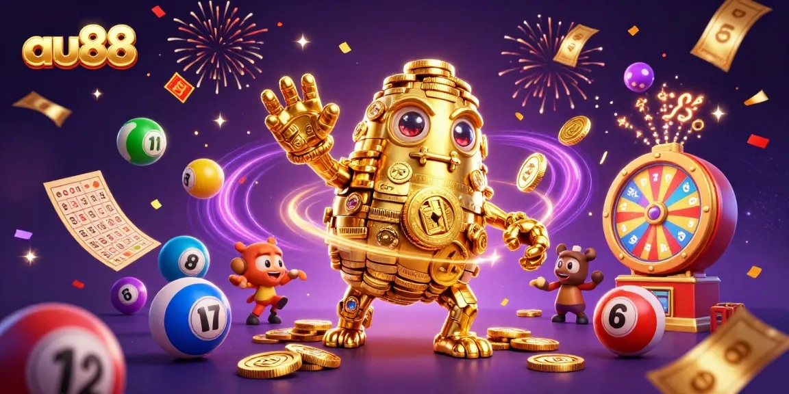 Play at au88 with a vibrant 3D casino illustration featuring dynamic games and golden elements.