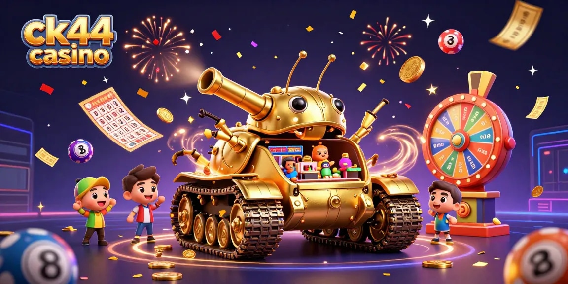Join the excitement at ck44 casino with a vibrant scene of games, confetti, and winnings.