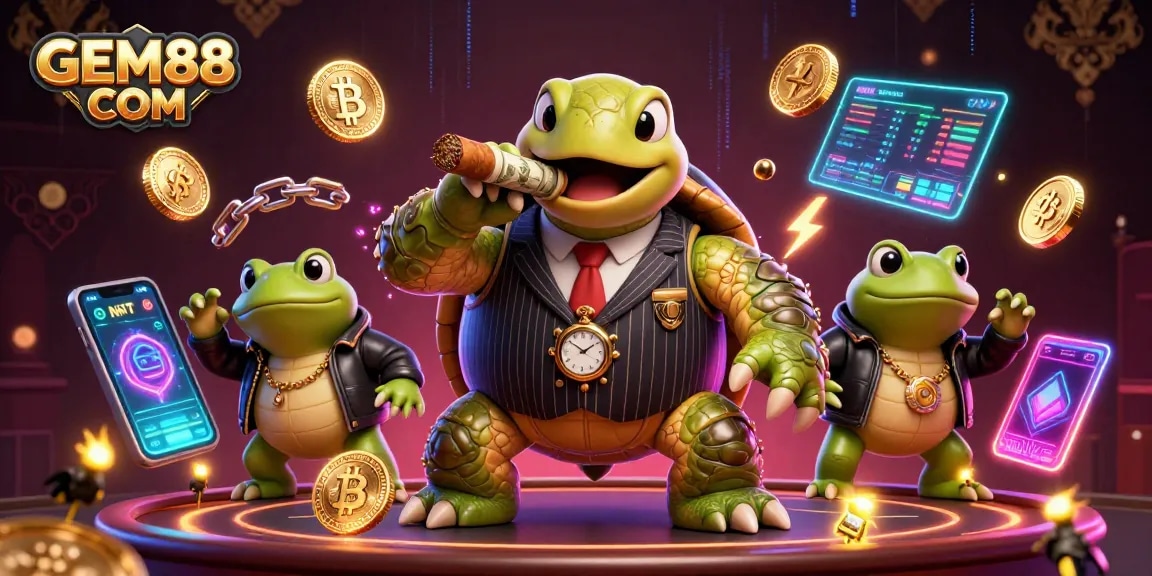 Experience GEM88 COM with a thrilling online casino scene featuring unique characters and crypto elements.