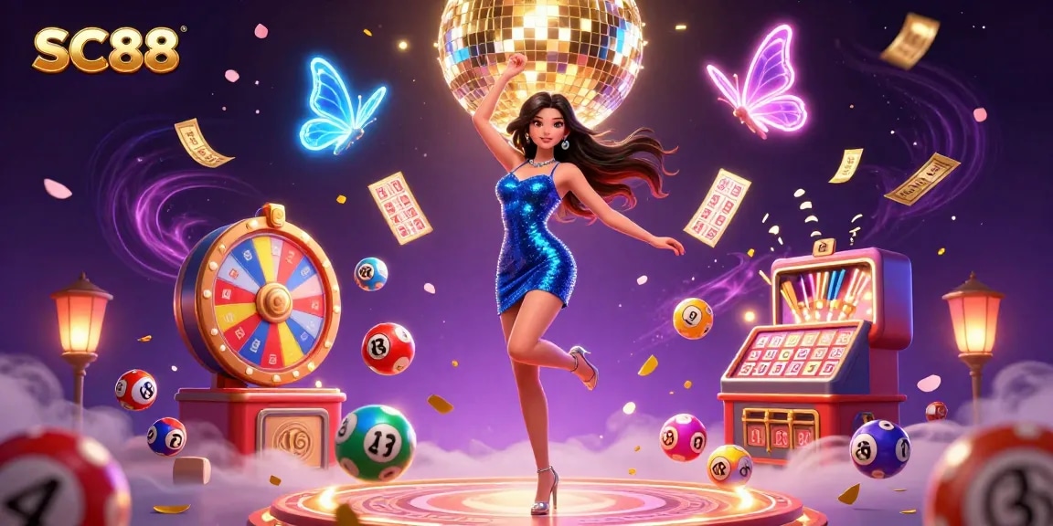 Experience high-stakes excitement with SC88 as colorful lottery elements and dynamic gaming features create a vibrant casino atmosphere.