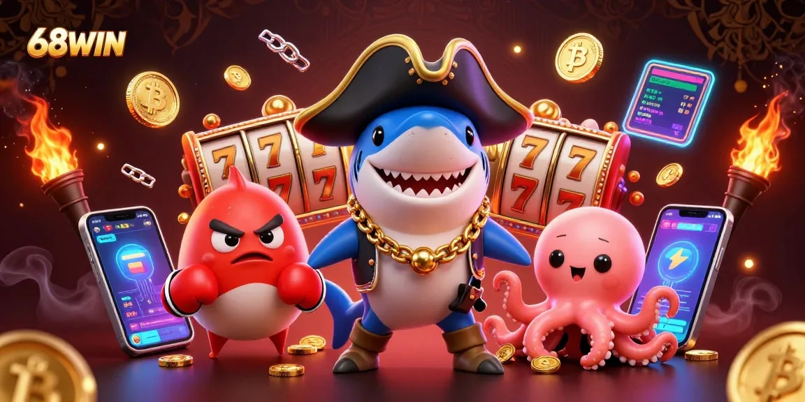 Experience exciting slots action at 68WIN with cartoon characters celebrating wins surrounded by crypto and jackpot elements.