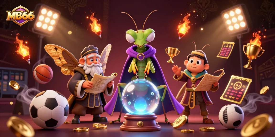 Experience the mystique of MB66 with a colorful 3D casino scene featuring a fortune teller and sports elements.