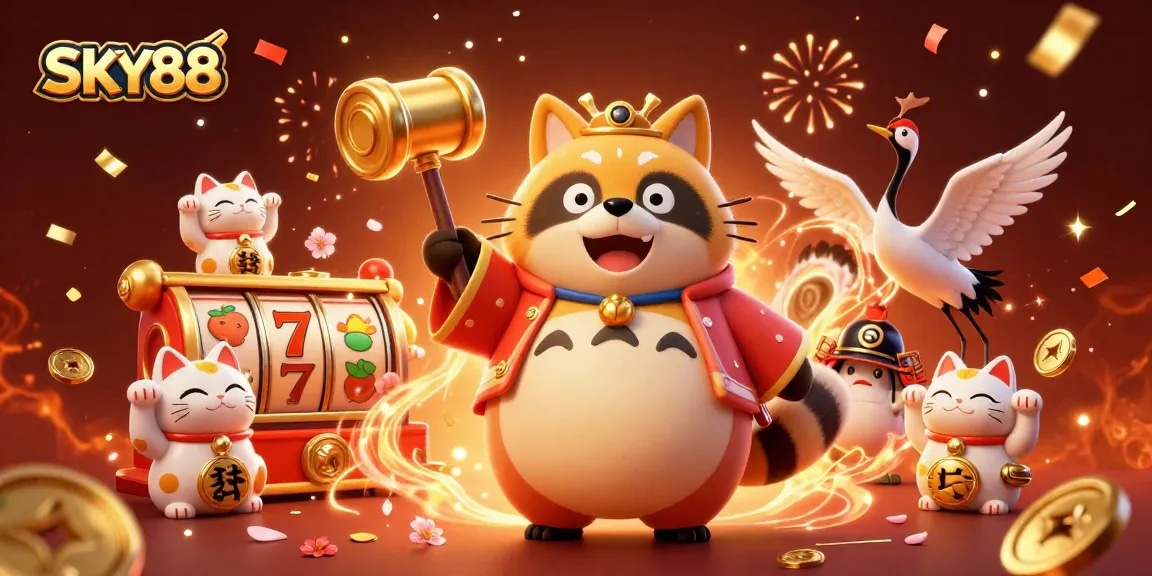Experience thrilling wins with SKY88 in a vibrant, festive 3D casino scene.