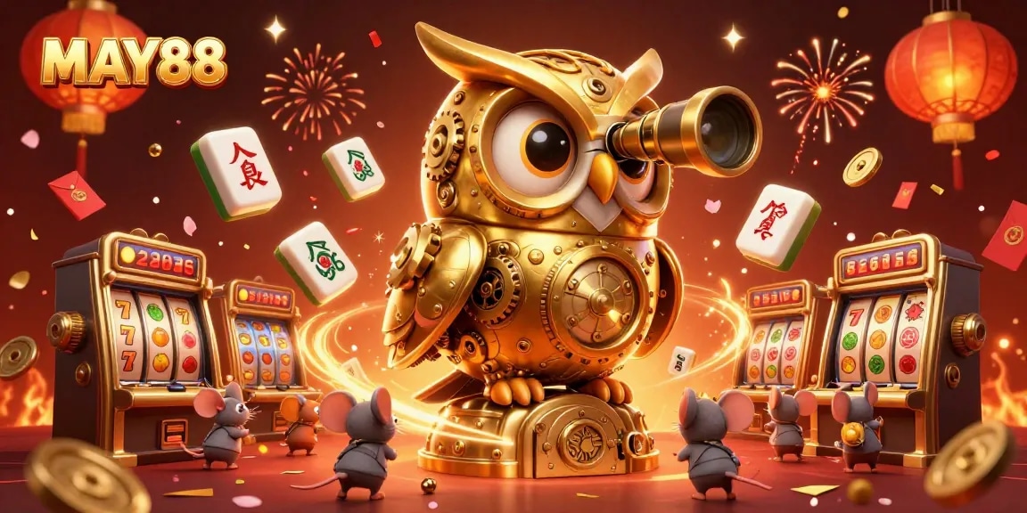 MAY88 features a majestic gold owl scanning a vibrant casino, bringing luck to players.