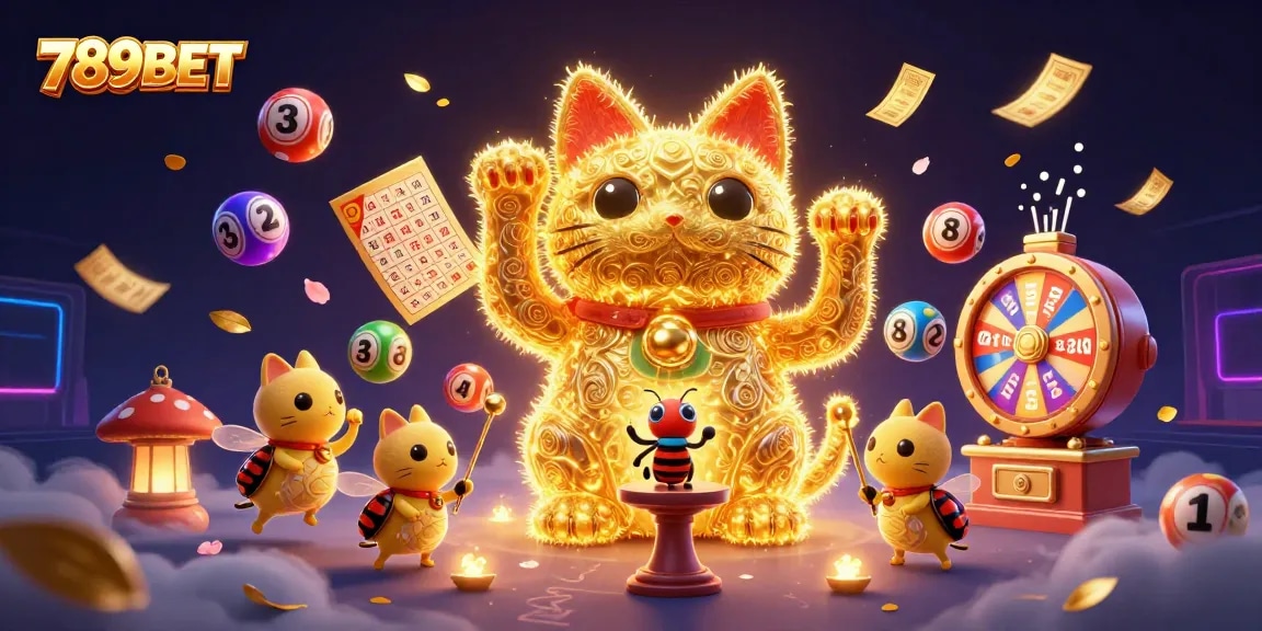 Experience the thrilling world of 789BET with a captivating lucky cat surrounded by vibrant casino symbols.