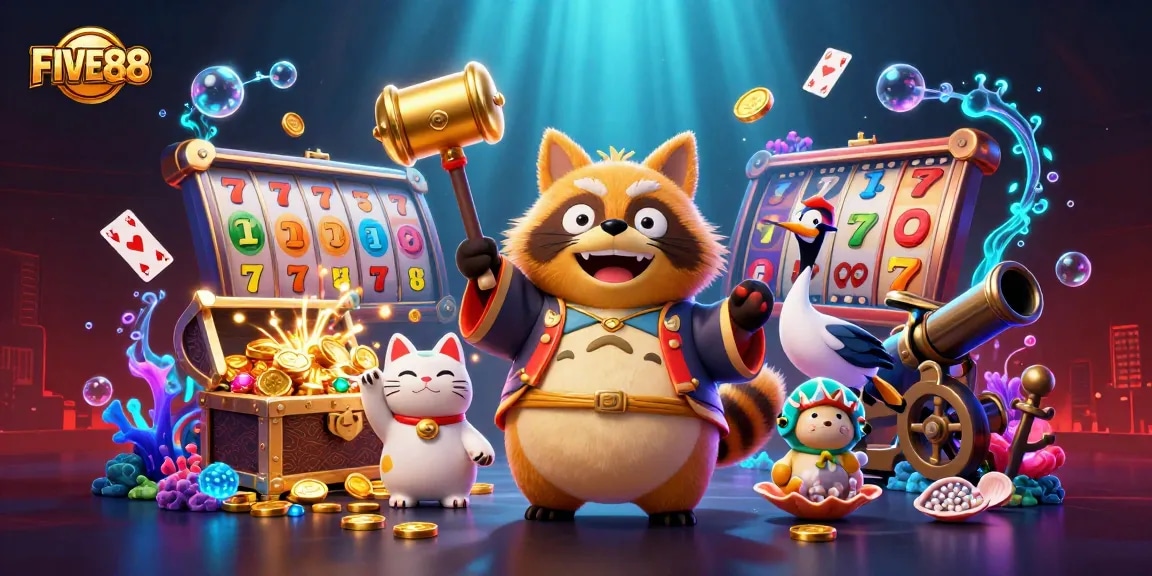 Experience vibrant gaming at FIVE88 with lucky symbols and cheerful characters in this dynamic casino scene.
