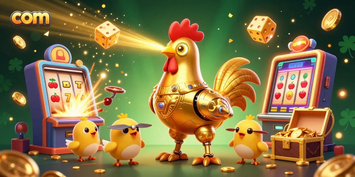 Spin the reels with the golden rooster robot and baby chicks for a chance to win big on com.