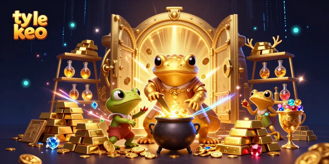 Bet on ty le keo to see a giant golden salamander and frog mixing golden elixirs in a vivid casino scene.