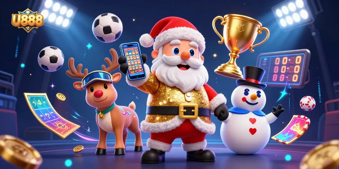 Experience U888's thrilling gameplay with Santa, his reindeer dealer, and a poker chip snowman.