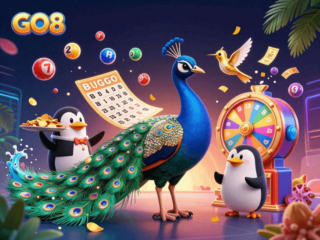 Engage in thrilling wins with GO8 at a dynamic casino featuring colorful lottery elements and vibrant characters.