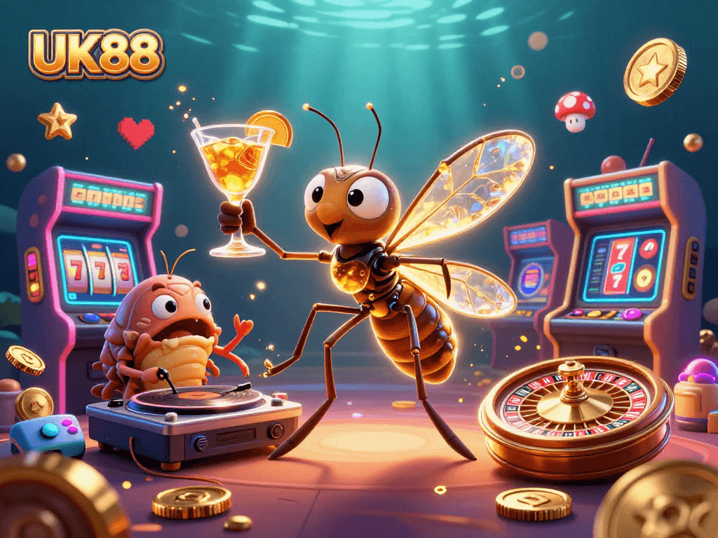 Experience UK88's vibrant casino realm with a dynamic 3D illustration of gaming elements and characters.