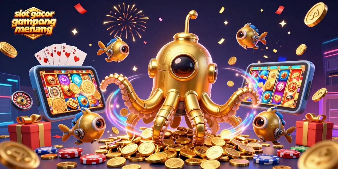 spin the reels with slot gacor gampang menang featuring a golden kraken and coins erupting from a smartphone