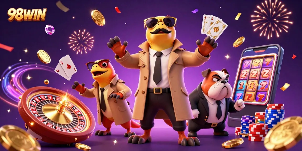Experience thrilling gaming adventures at 98WIN with animated raptors in a vibrant casino setting.