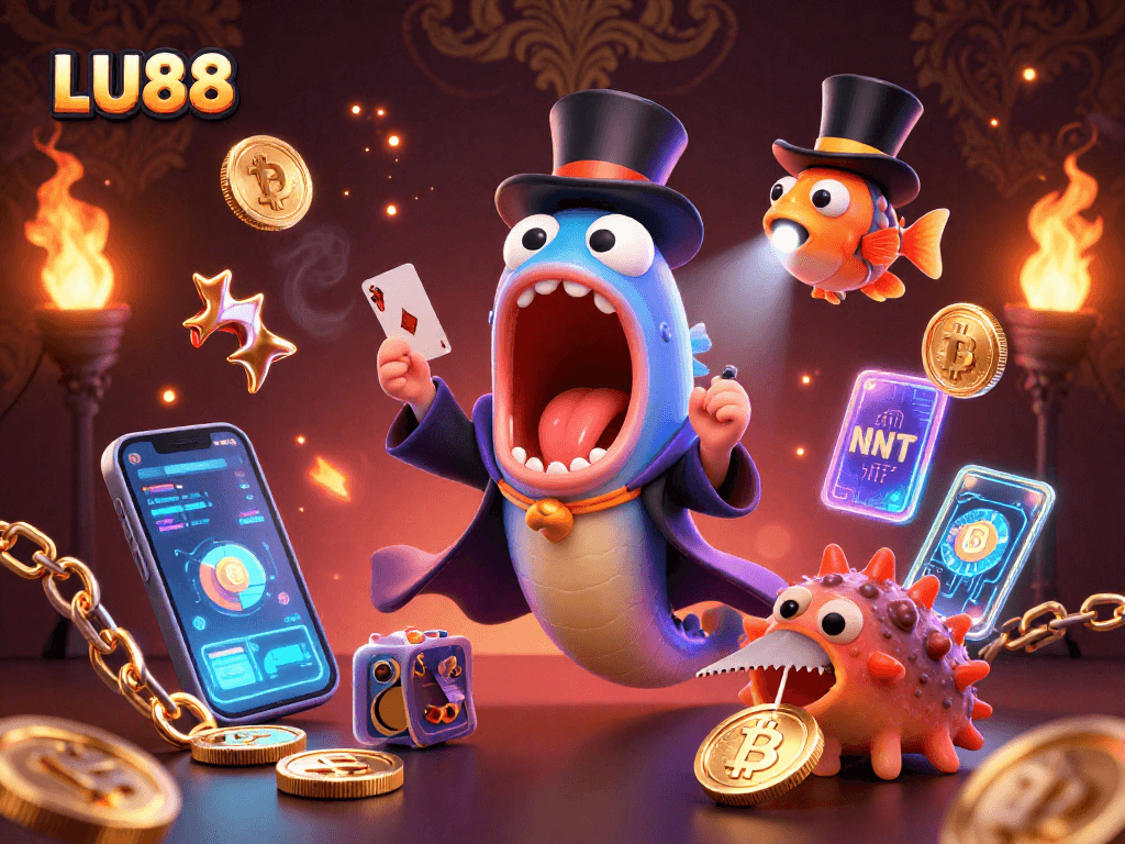 Experience LU88's vibrant casino magic through an enchanting 3D illustration showcasing thrilling gaming action.