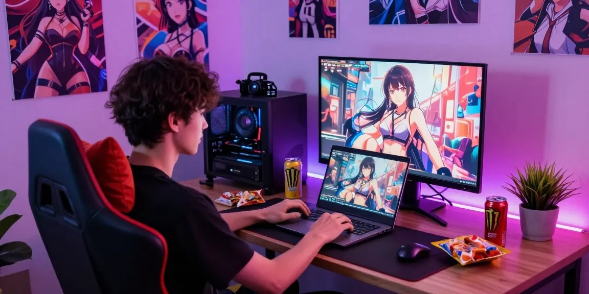 Gaming setup featuring ecchi games with colorful LED lights, snacks, and character posters