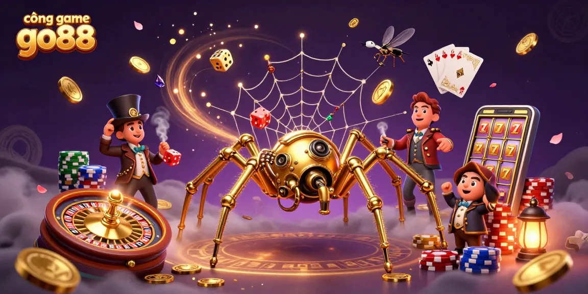 Cổng game go88 showcases a whimsical steampunk scene with a golden spider, dice, and poker elements filled with dynamic casino energy.