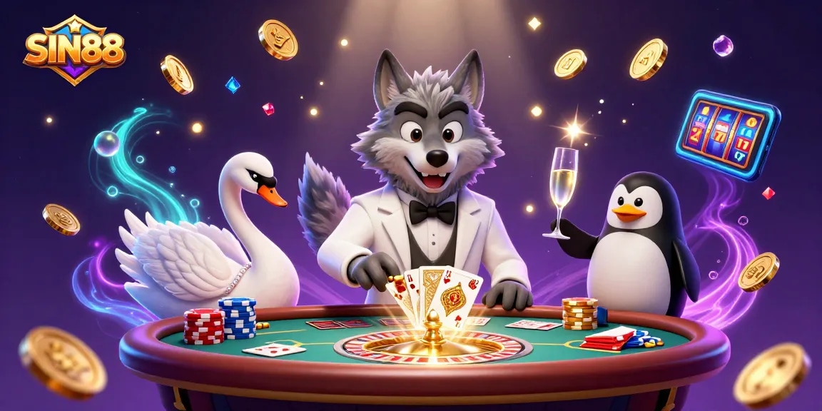 Experience the thrill of SIN88 with a debonair wolf, charming swan, and penguin sommelier amidst a vibrant casino.