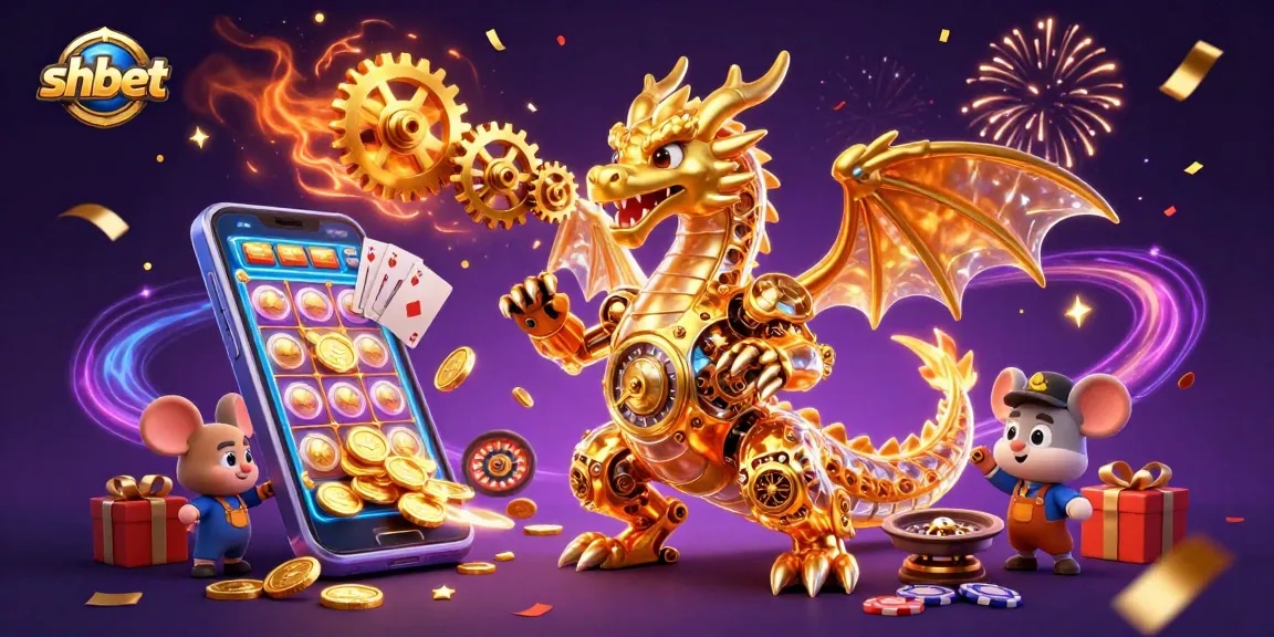 Experience shbet's thrilling casino atmosphere with a golden dragon and slot game action.