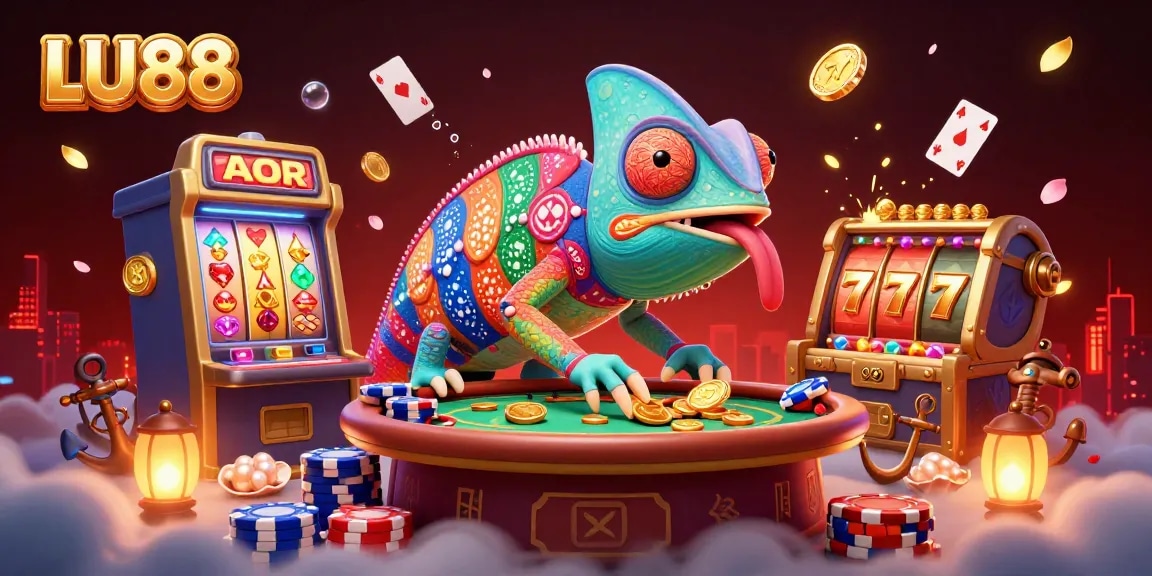 LU88 casino owner chameleon captures winning moments amid floating playing cards and gold-rich treasures.