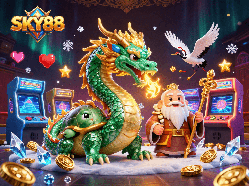 Engage with SKY88's vibrant casino energy featuring a dragon, turtle sage, and lucky cranes.