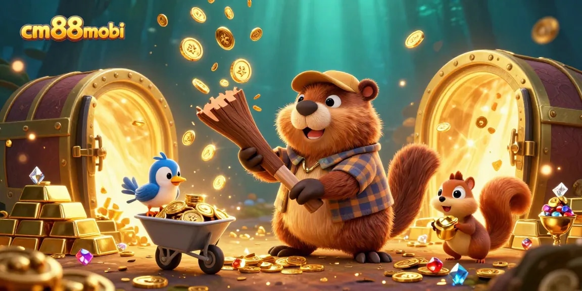 Win big at cm88mobi with vibrant 3D illustration showcasing a casino adventure filled with gold.