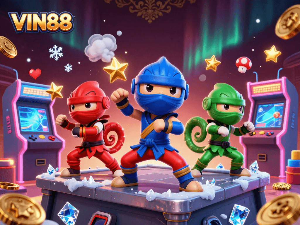 Unleash winning strategies at VIN88 with a vibrant 3D illustration of ninja chameleons in action.