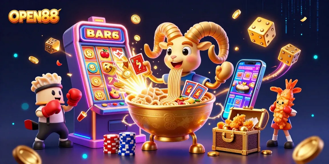 Join the excitement at OPEN88 with a vibrant casino scene featuring dynamic characters and thrilling elements.