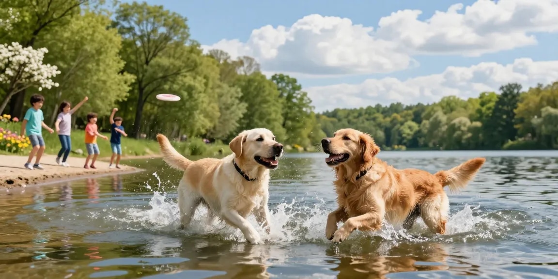 The best dog breeds for swimming highlighted by playful Labradors and Goldens splashing in a sunny lake.