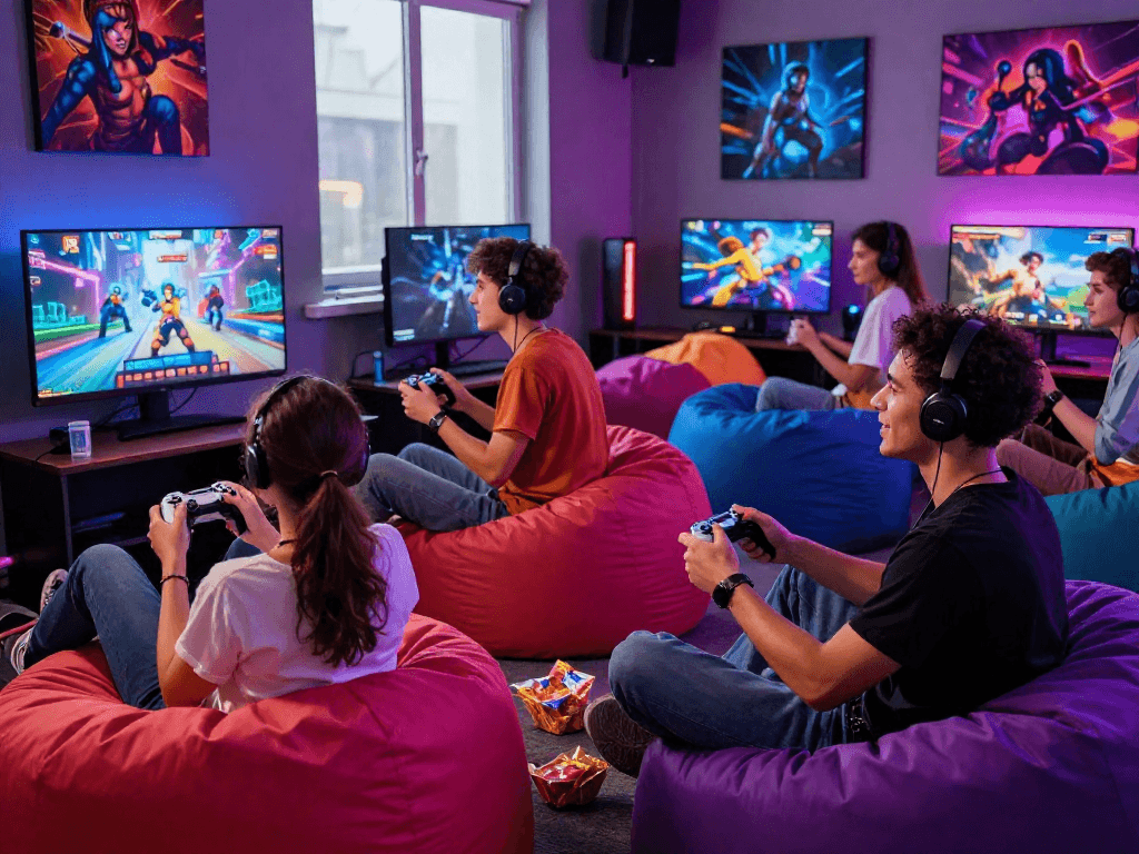 Friends enjoying vibrant porno games together in a colorful gaming lounge.