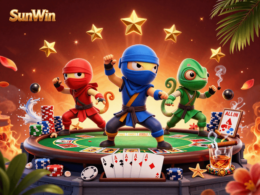 Experience thrilling poker action with SunWin as ninja chameleons perform synchronized moves amidst dynamic gameplay elements.