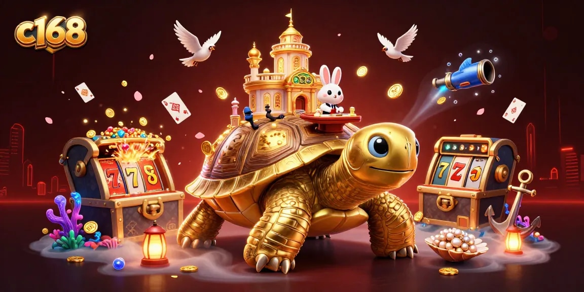 Experience thrilling gaming with c168 as a golden tortoise holds a miniature casino palace