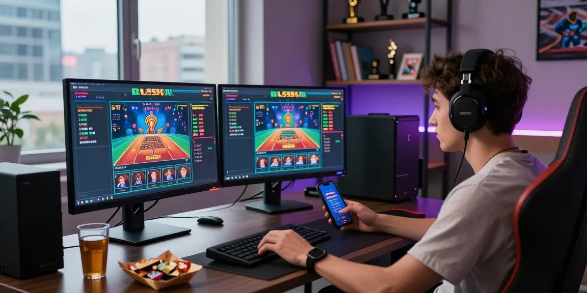 Exciting gaming experience at BL555 with a gamer immersed in online betting environment, showcasing colorful casino games and vibrant atmosphere.