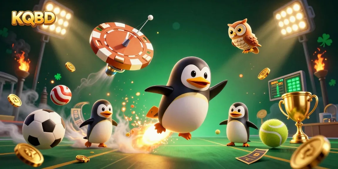 KQBD showcases an epic scene with a golden penguin and vibrant sports elements in a dynamic casino space adventure.