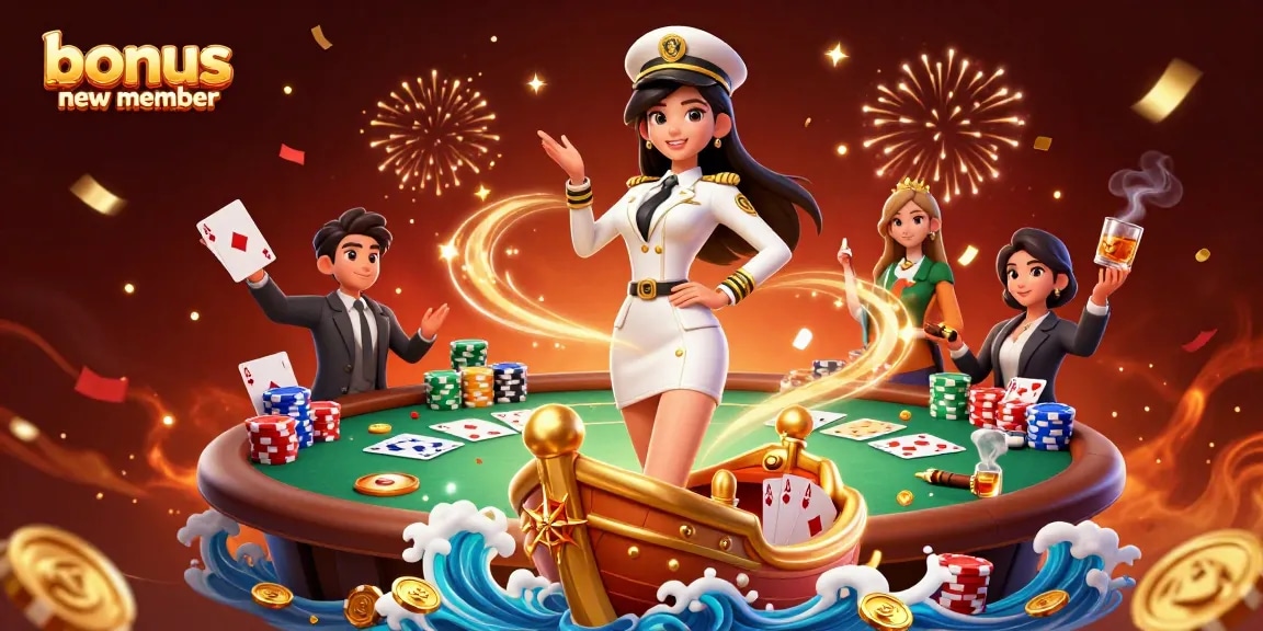 Engage with the bonus new member offer in this vibrant casino scene featuring poker elements.