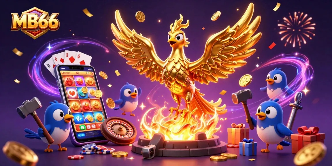 Engage with MB66 through a mesmerizing illustration of a golden phoenix and dynamic casino elements.