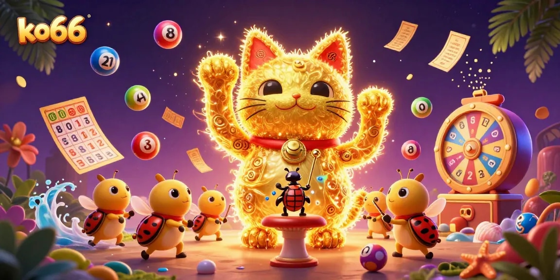 Engage with amazing ko66 animated elements in a colorful lottery and casino scene.