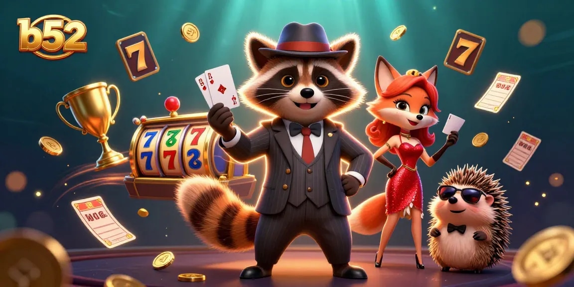 Experience the excitement of b52 with suave raccoon and charming fox in a vibrant casino scene.