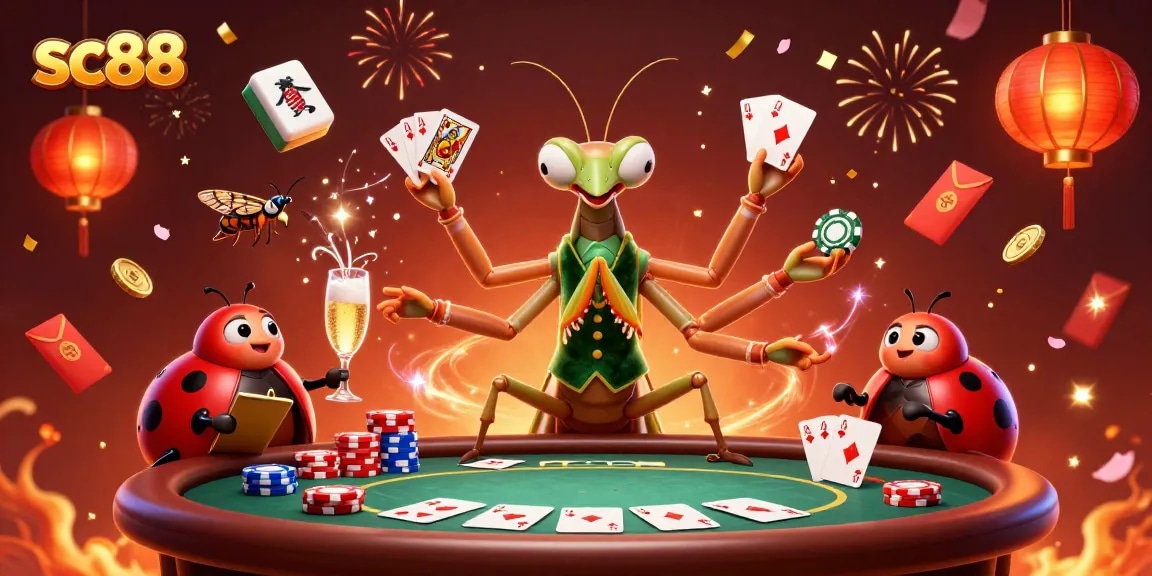 Experience thrills at sc88 with a lively poker scene featuring a giant praying mantis card sharp and ladybug pit boss.