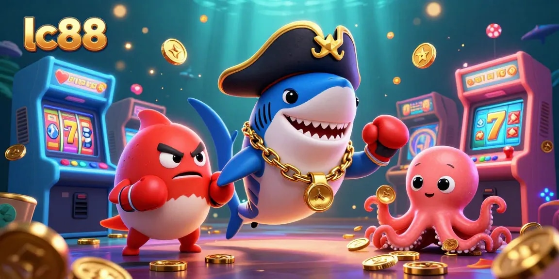 Spin to win with lc88 as colorful characters celebrate casino fun amid glowing slot reels and coins.