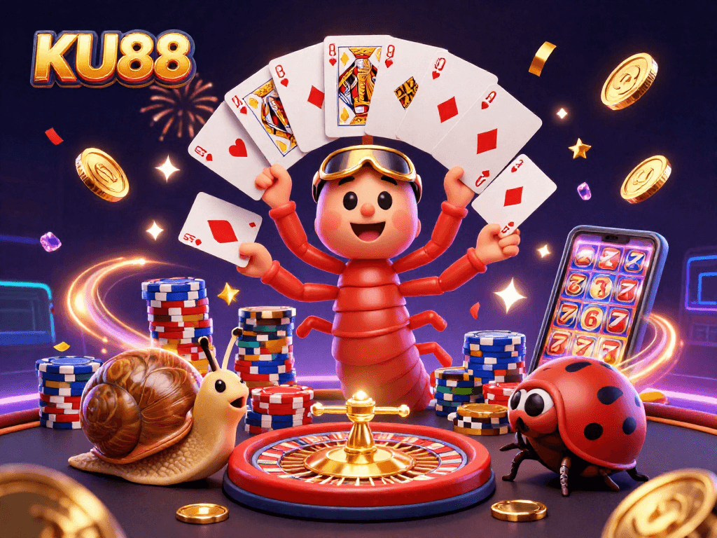 Engage in thrilling gameplay with KU88 featuring an animated millipede dealer and high-roller snail.